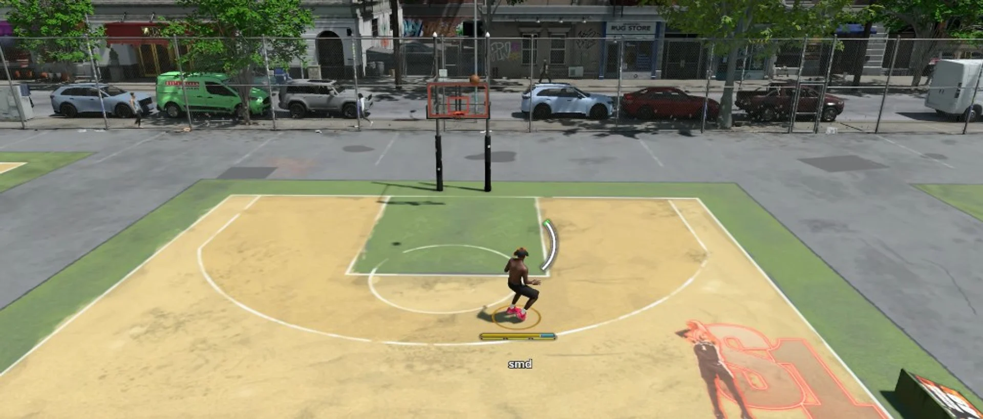 NBA 2K27 street court gameplay with ball in flight toward the hoop